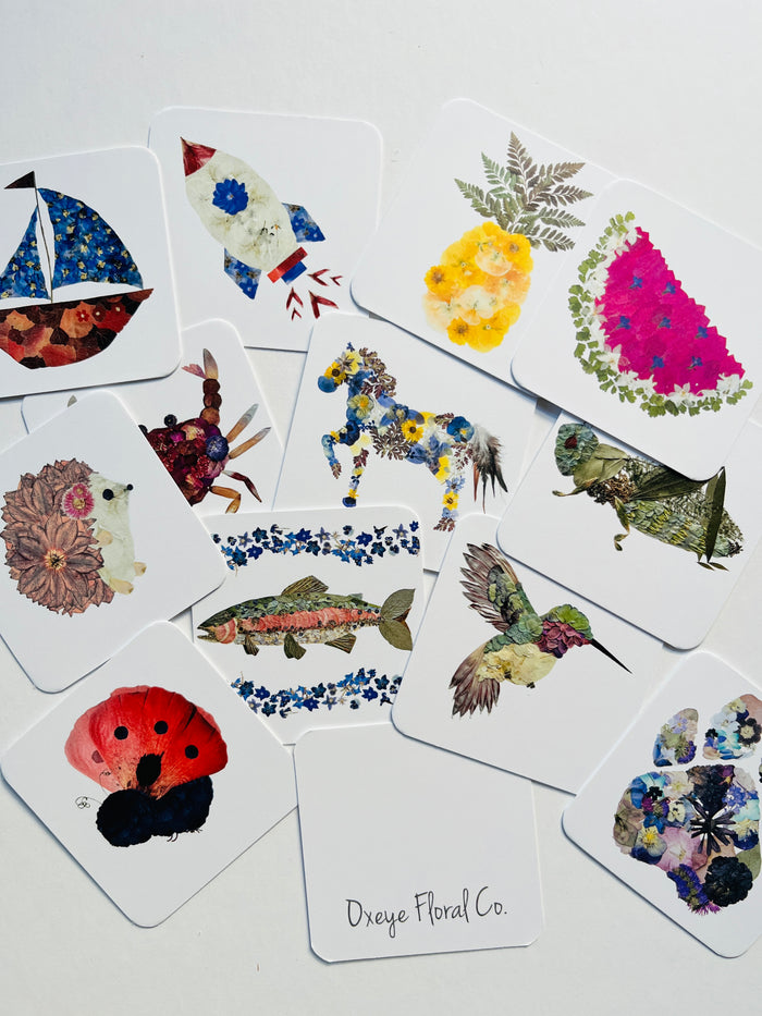 Collection of colorful nature-themed cards with various animals and plants on a white background.