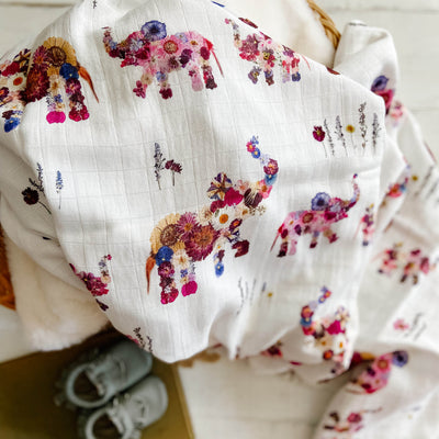 Baby Swaddle Blanket with Floral Pink Elephants