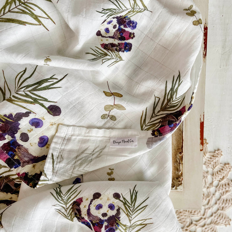 Pressed Floral Swaddle with Panda Pattern