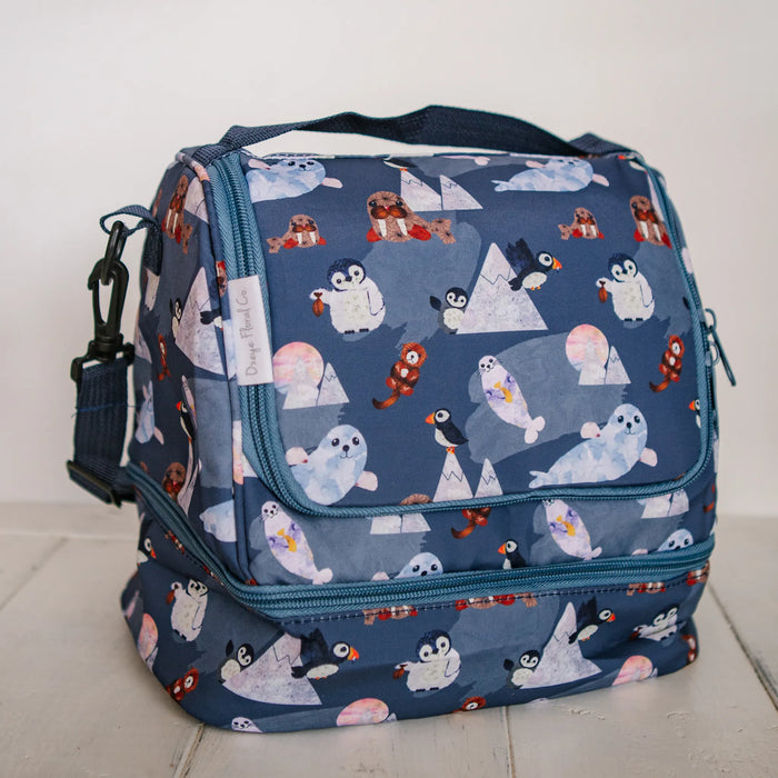 Blue insulated lunch bag with pressed flower animal pattern