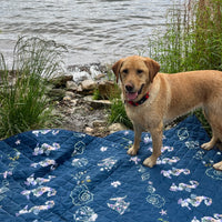 Dog standing on an Oxeye Floral Co floral-patterned blue blanket by a body of water.
