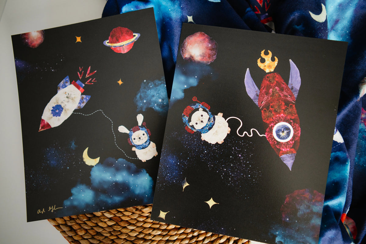 Pressed Flower Nursery Wall Art Space Bear and Space Bunny