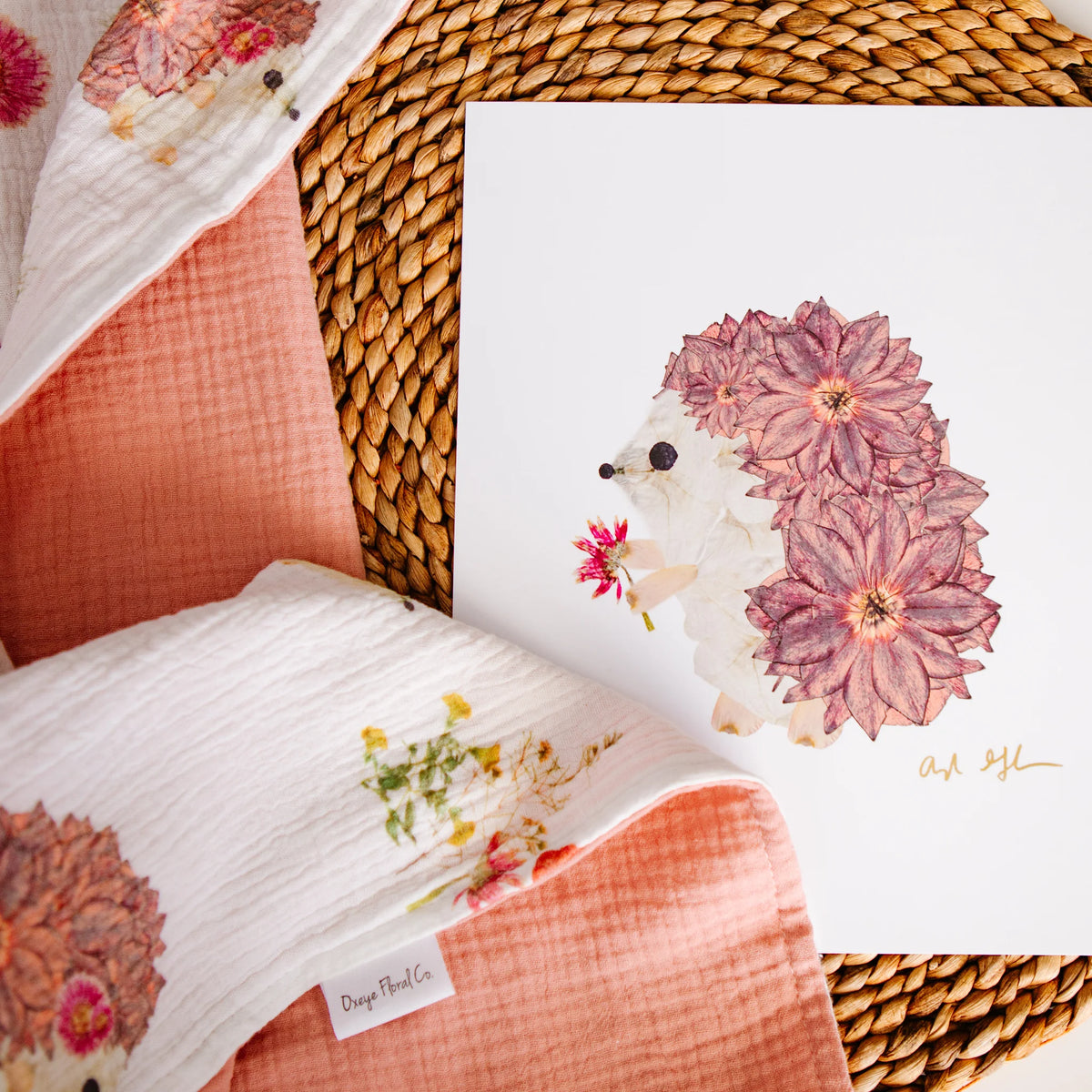 Cotton baby blanket with matching hedgehog print