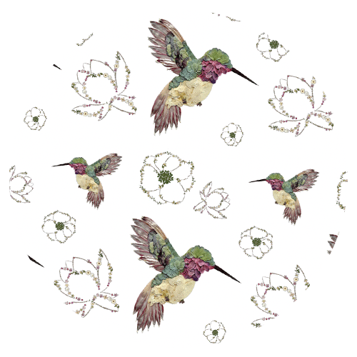 Ruby-throated hummingbirds designed from pressed flowers
