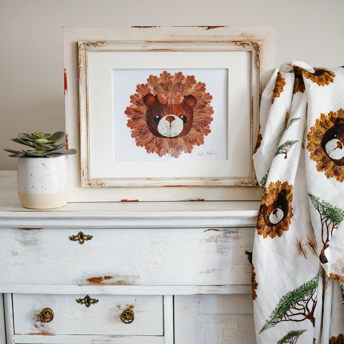 Pressed flower Safari Lion Wall Art Print