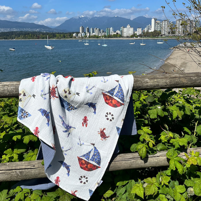 Open ocean organic cotton baby blanket by Oxeye Floral Co