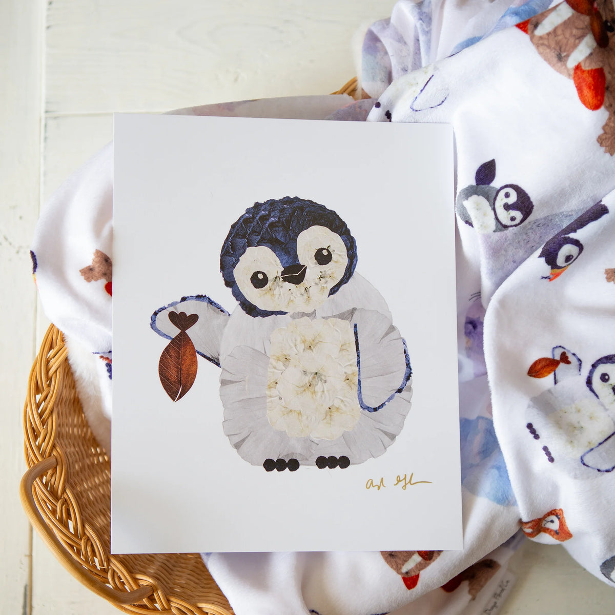 Pressed Flower Penguin Nursery Wall Art Decor