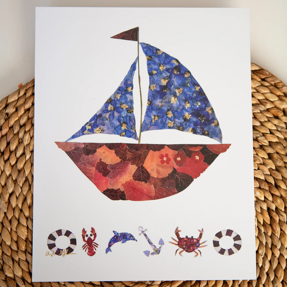 Pressed Flower Sailboat Nautical Wall Art