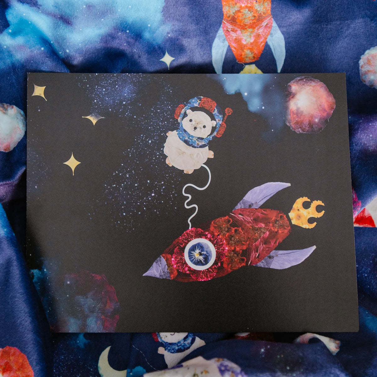 Pressed Flower Bear in Space Artwork