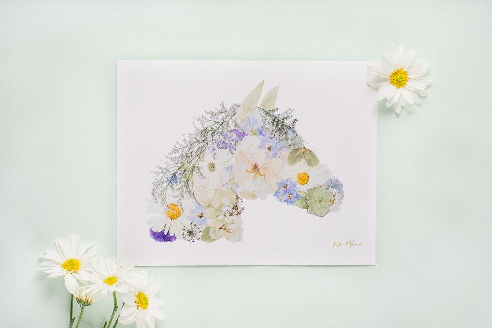 Pressed flower horse artwork by Oxeye Floral Co