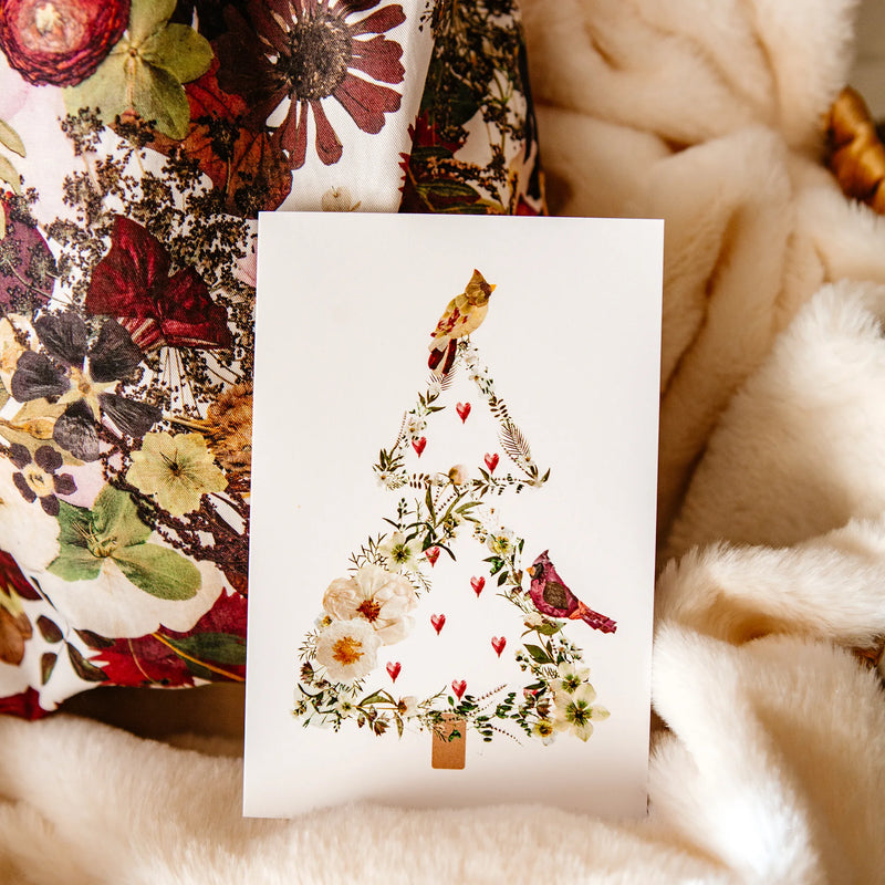 Cardinal Christmas Tree pressed flower card by Oxeye Floral Co with floral blankets