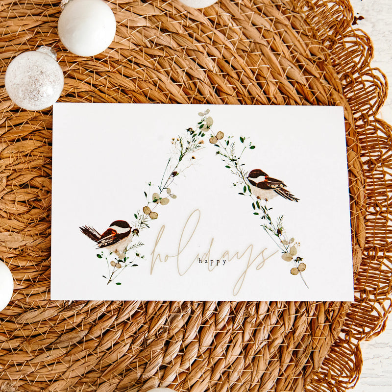 Chickadee Christmas pressed flower card by Oxeye Floral Co