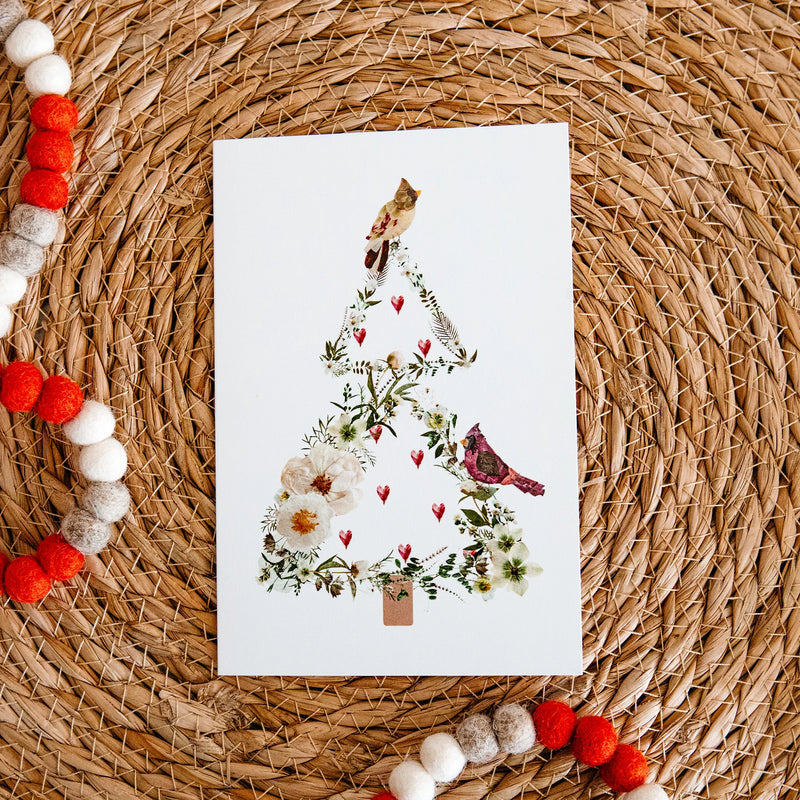 Cardinal Christmas Tree pressed flower card by Oxeye Floral Co