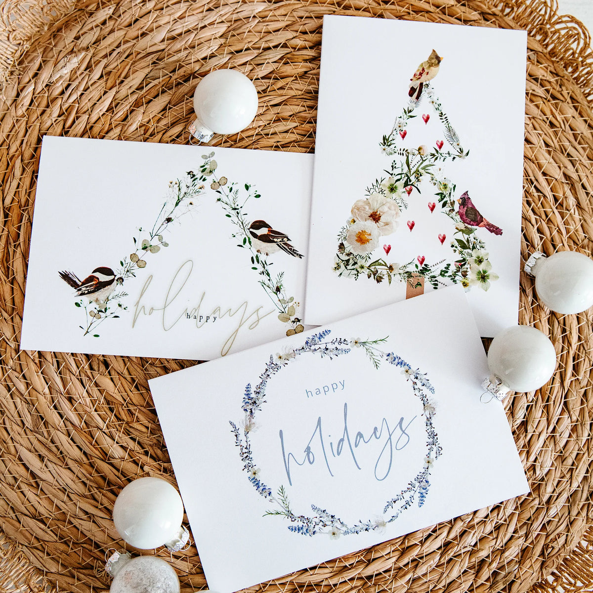 Cardinal Christmas Tree, Christmas Chickadee, and Lavender Wreath pressed flower cards by Oxeye Floral Co