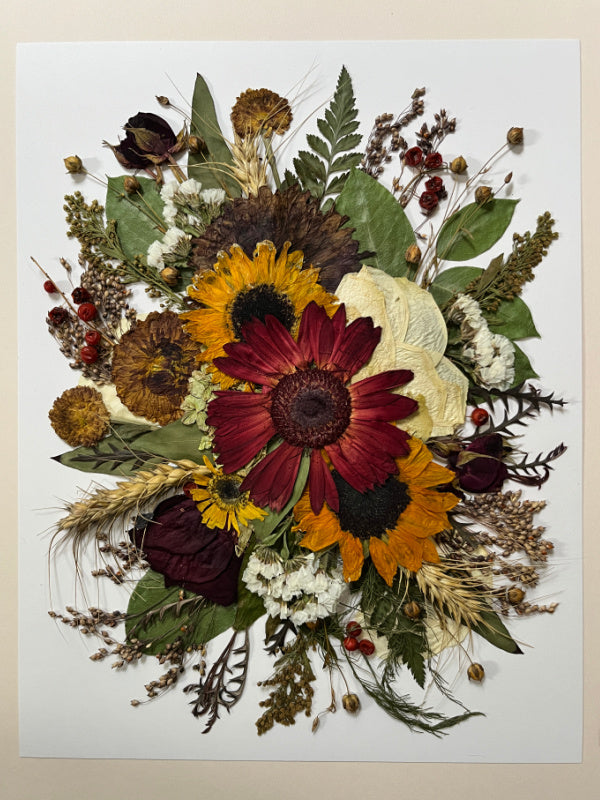 Autumn colour pressed flower display by Oxeye Floral Co