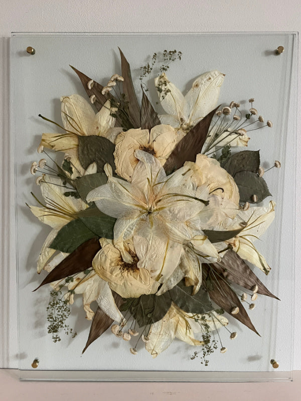 Lily and rose pressed florals in a bolted glass frame by Oxeye Floral Co