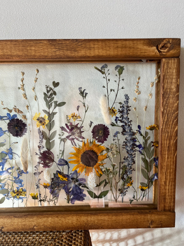 Pressed flower keepsake in a rustic wooden frame by Oxeye Floral Co