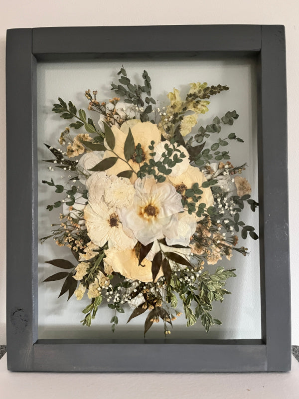 Wedding bouquet pressed keepsake with grey frame by Oxeye Floral Co