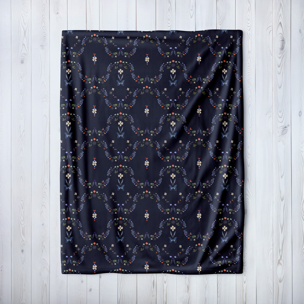 Navy Nightfall Butterflies & Blossoms Throw Blanket