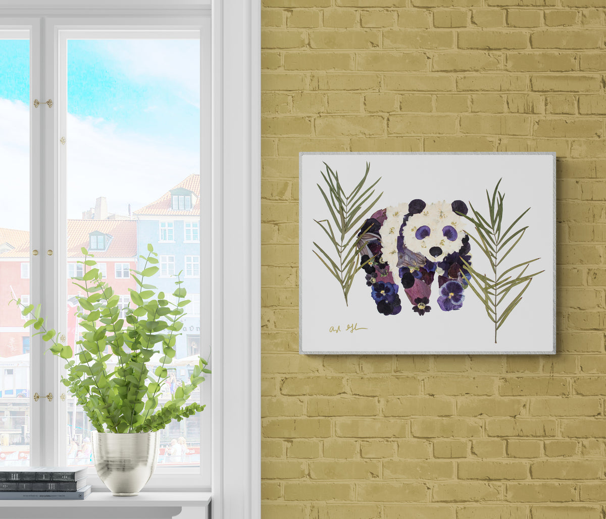 Pressed flower art, floral panda, framed wall art