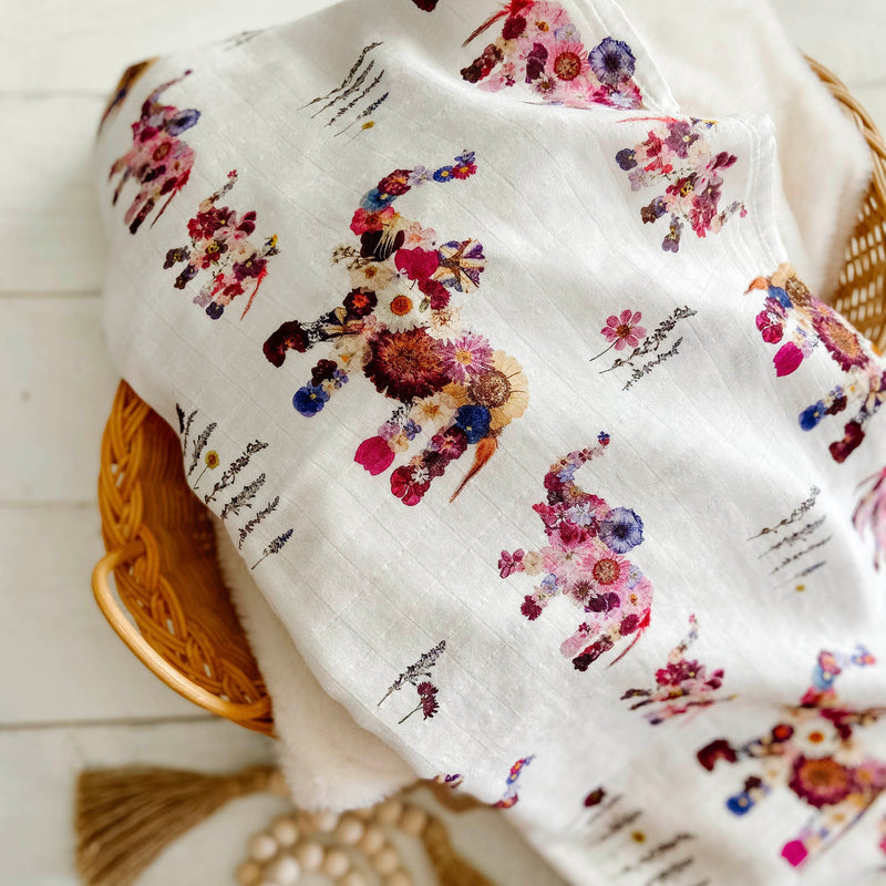 Newborn Swaddle Blanket with Floral Pink Elephants