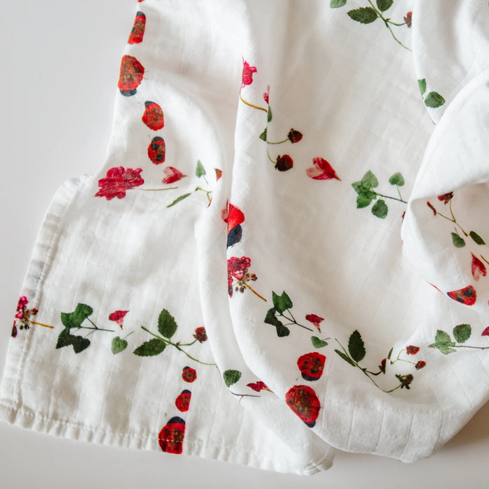 Ladybug Ladder newborn swaddle with pressed flowers