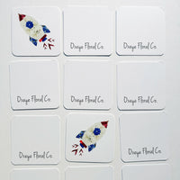 Set of cards with rocket designs and 'Dxeye Floral Co.' text on a white background
