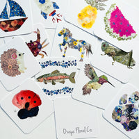 Collection of colourful illustrated cards featuring various animals and nature-themed designs on a white background.