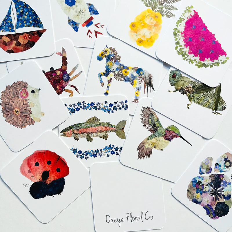 Collection of colourful illustrated cards featuring various animals and nature-themed designs on a white background.