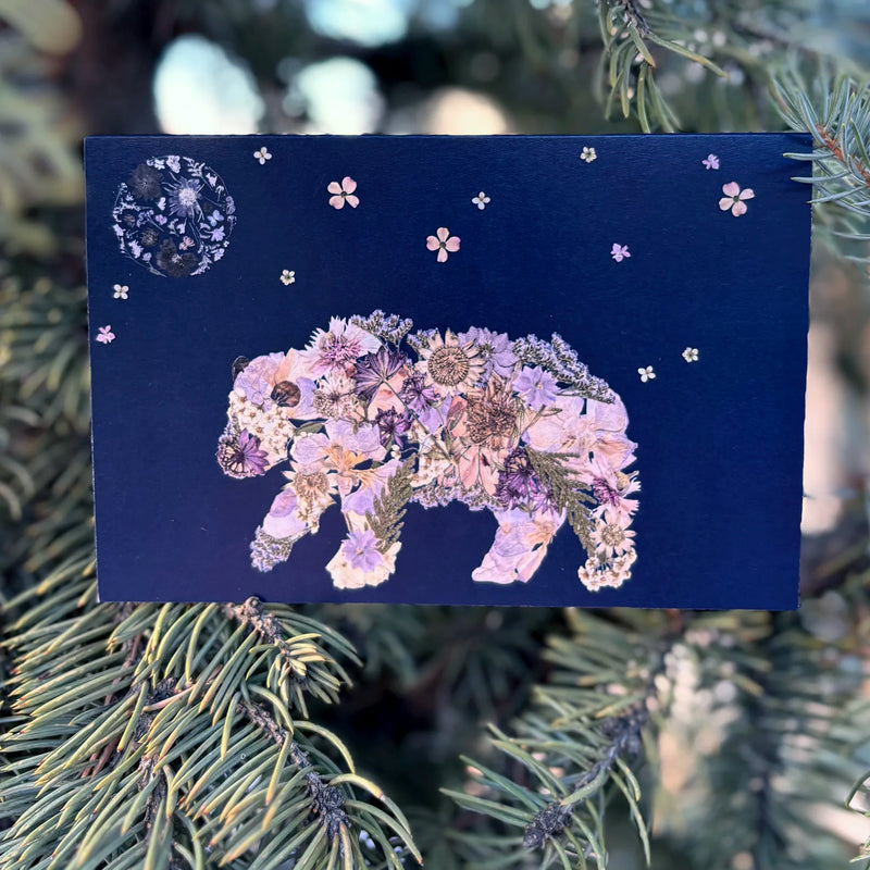 pressed flower artwork showing a bear and the night sky for holiday card