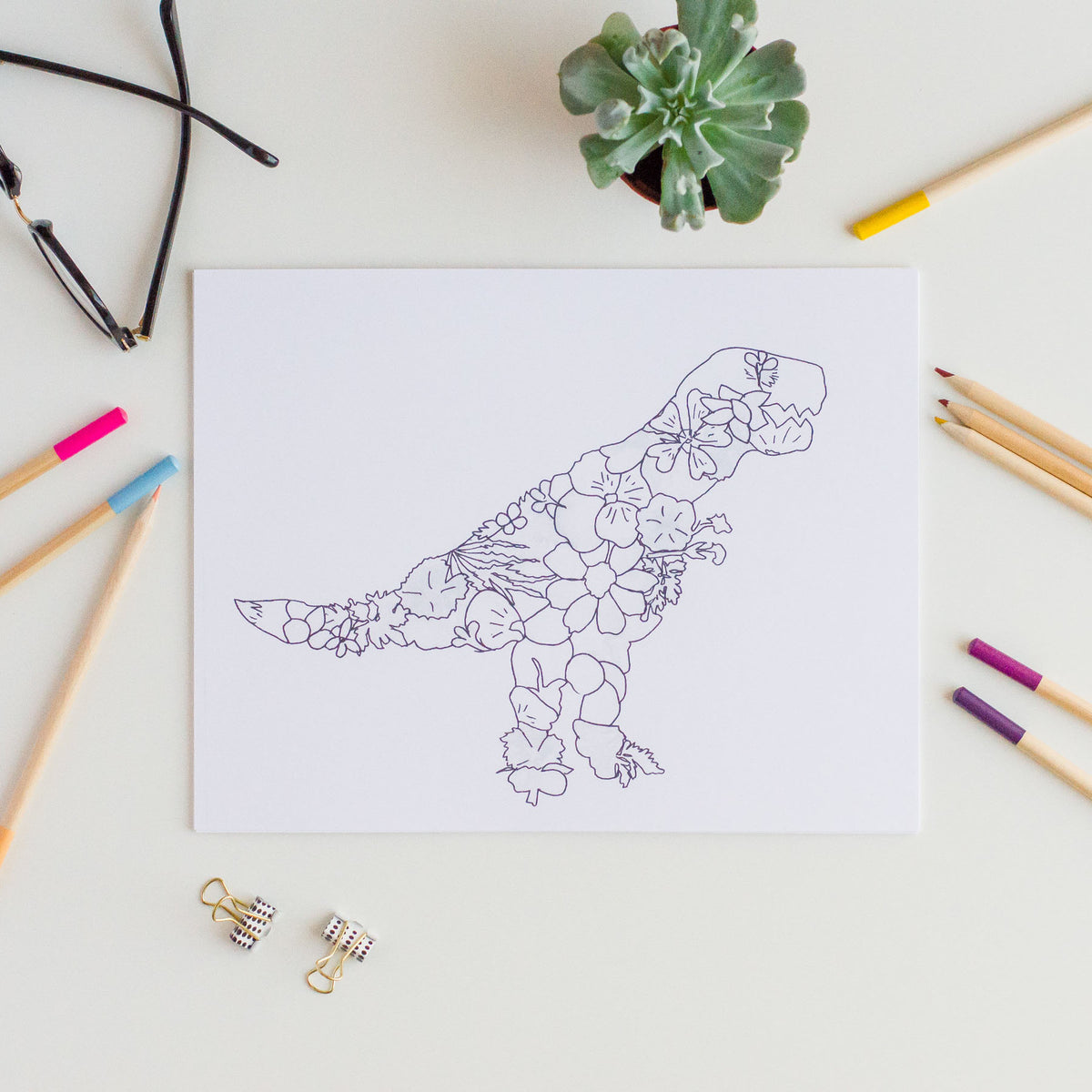 Floral T Rex Colouring Sheet