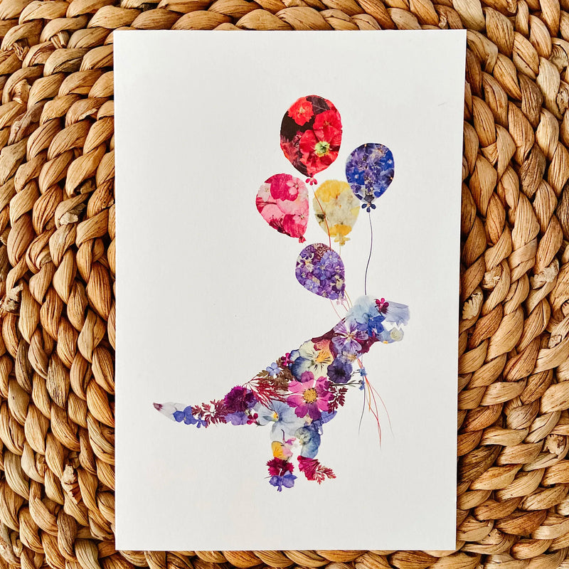 adorable flower t-rex birthday card