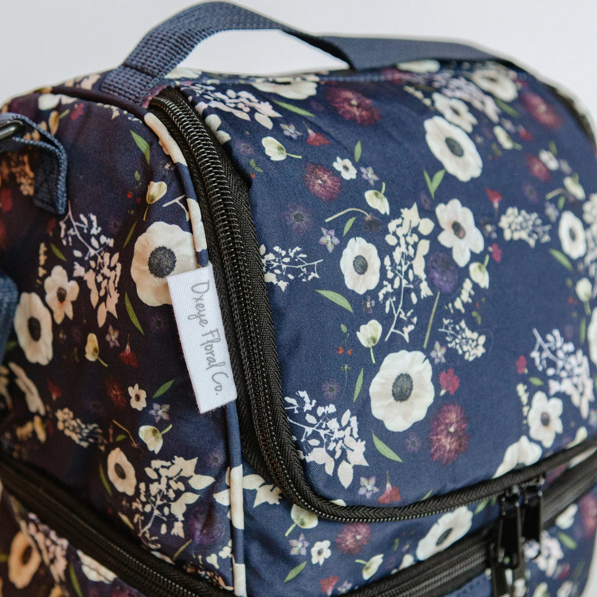 Closeup of zip closures on a floral lunch bag