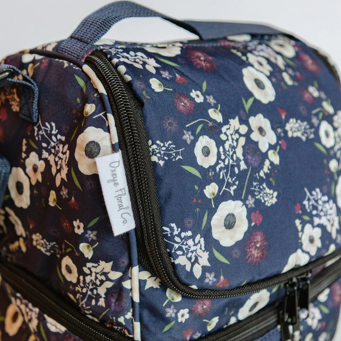 Closeup of zip closures on a floral lunch bag