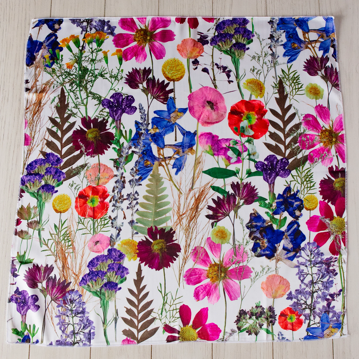 Faux Silk Wrap, laid flat to show pressed flower Meadow Bloom design