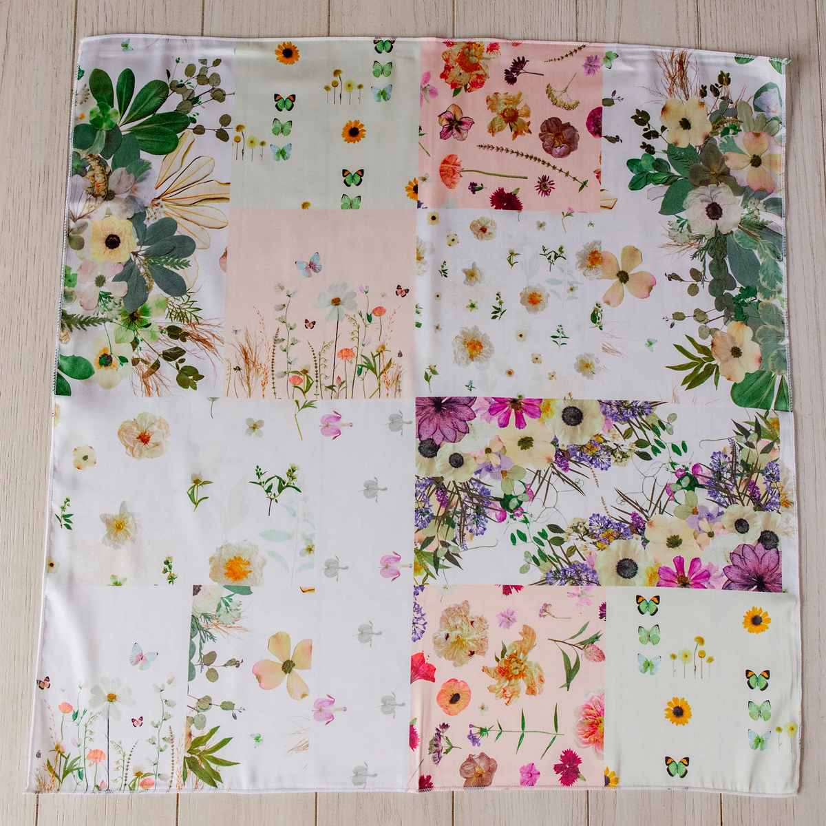 Faux Silk Wrap, laid flat to show checkerboard floral Verona design